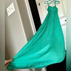 INTERMIX Leona Satin Pleated Maxi Dress NWT Emerald Resort Statement Sz 6